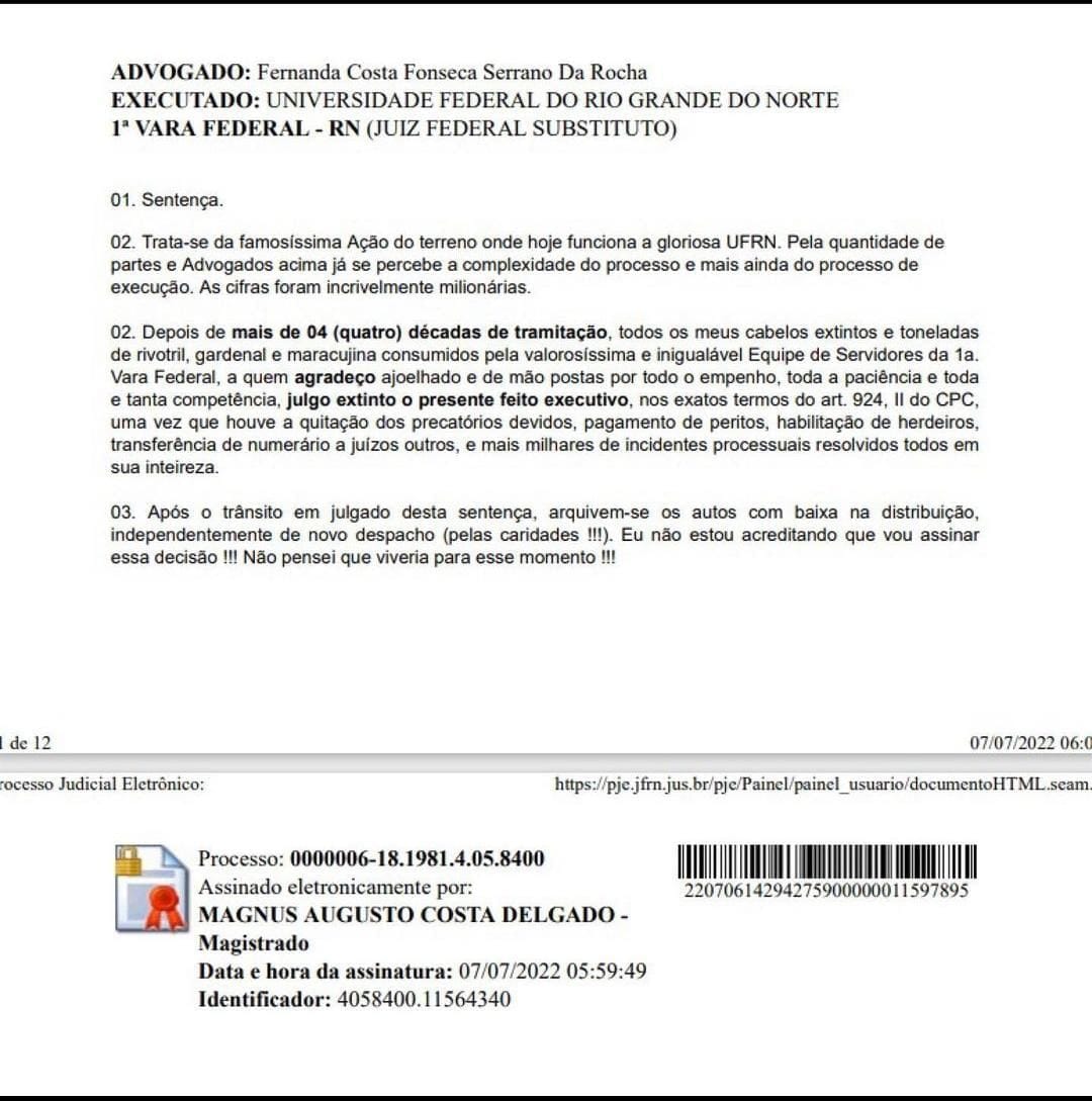 “Não pensei que viveria para esse momento”, diz juiz do RN ao assinar sentença de extinção de processo com mais de 40 anos